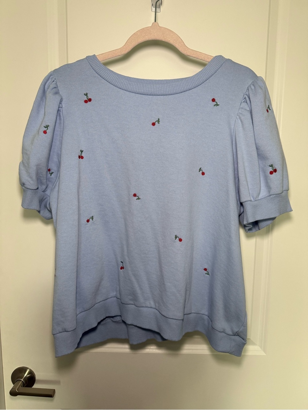 Chelsea & Theodore Light Blue Cherry Embroidered Puff-Sleeve Sweatshirt Size 2X